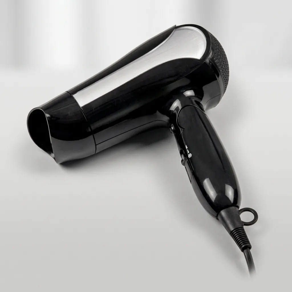 Foldable Hair Dryer 1600W — HDR-1026 — A foldable 1600W hair dryer with three temperature and two speed settings, finished in lustrous silver and black. A hotel safety switch and over-heating protection make it reliable for guest use, while the foldable handle and removable nozzle aid storage. Measures 15.5x8.5x20cm with a 1.8m cord. CE, CB, GCC and RoHS approved. (image 6)