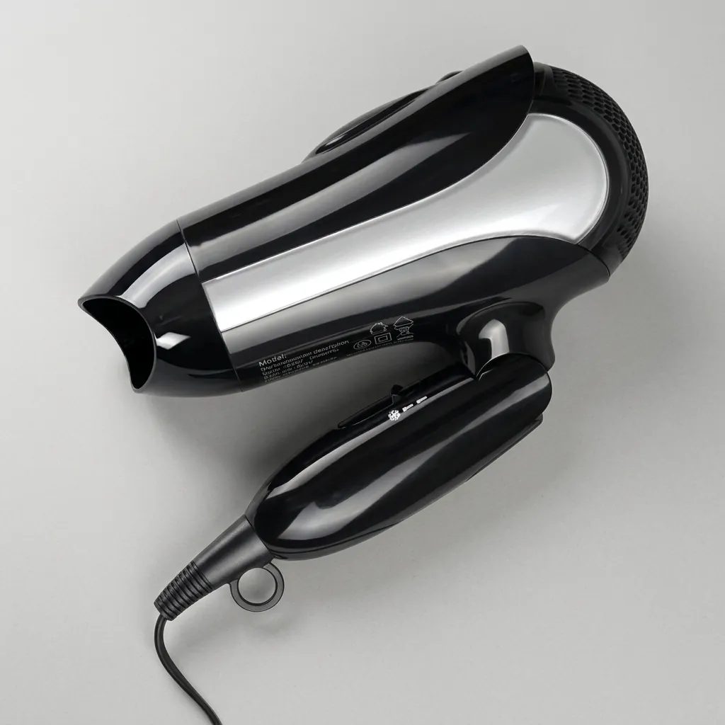 Foldable Hair Dryer 1600W — HDR-1026 — A foldable 1600W hair dryer with three temperature and two speed settings, finished in lustrous silver and black. A hotel safety switch and over-heating protection make it reliable for guest use, while the foldable handle and removable nozzle aid storage. Measures 15.5x8.5x20cm with a 1.8m cord. CE, CB, GCC and RoHS approved. (image 8)