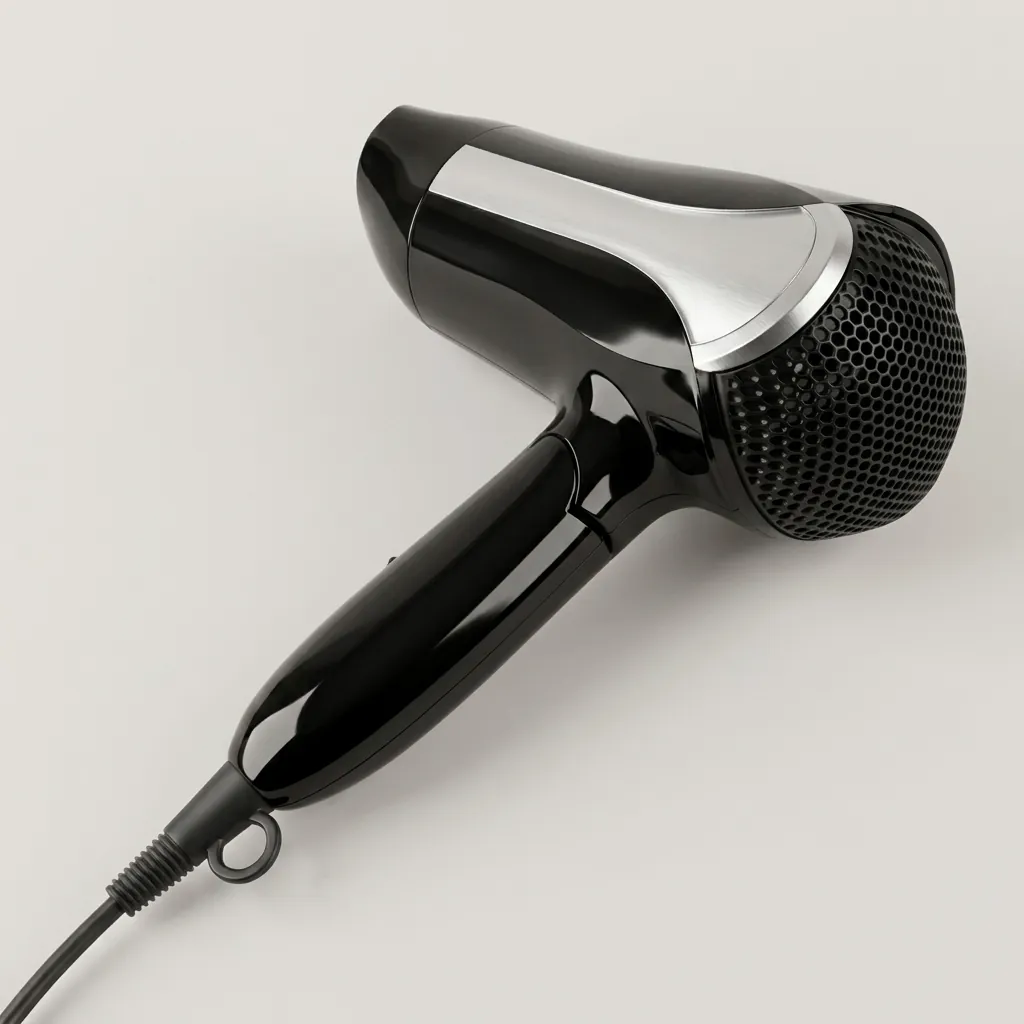 Foldable Hair Dryer 1600W — HDR-1026 — A foldable 1600W hair dryer with three temperature and two speed settings, finished in lustrous silver and black. A hotel safety switch and over-heating protection make it reliable for guest use, while the foldable handle and removable nozzle aid storage. Measures 15.5x8.5x20cm with a 1.8m cord. CE, CB, GCC and RoHS approved. (image 9)