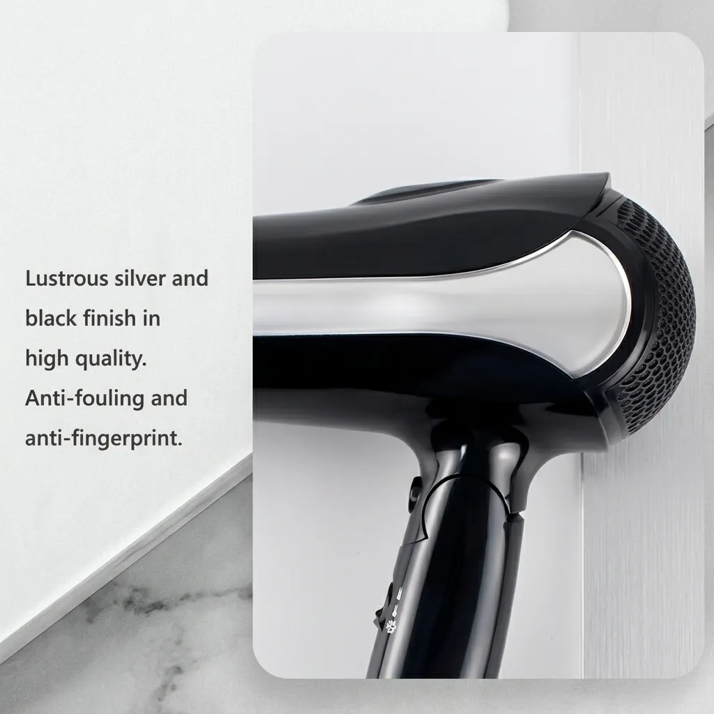 Foldable Hair Dryer 1600W — HDR-1026 — A foldable 1600W hair dryer with three temperature and two speed settings, finished in lustrous silver and black. A hotel safety switch and over-heating protection make it reliable for guest use, while the foldable handle and removable nozzle aid storage. Measures 15.5x8.5x20cm with a 1.8m cord. CE, CB, GCC and RoHS approved. (image 11)