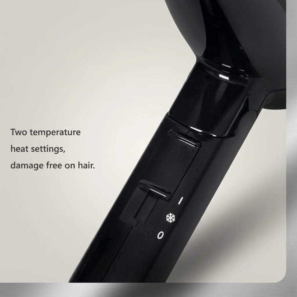 Mini Foldable Hair Dryer 1200W [1028] — HDR-1028 — A compact 1200W foldable hair dryer with two heat settings, finished in lustrous black. The foldable handle and hang-up loop make it space-saving and easy to store, with an ergonomic grip for comfort. Slim at 13x6.5x15.5cm. CE, CB, GCC and RoHS approved. (image 3)