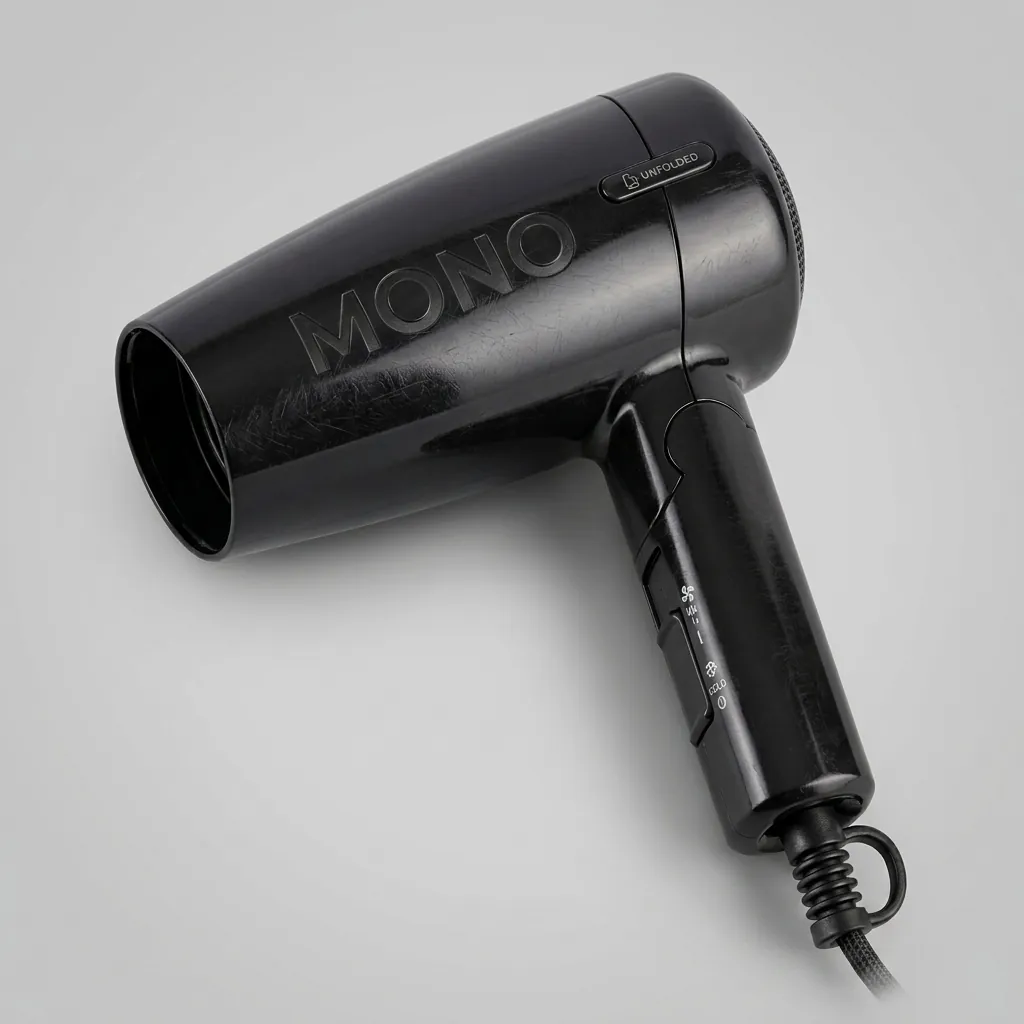 Mini Foldable Hair Dryer 1200W [1028] — HDR-1028 — A compact 1200W foldable hair dryer with two heat settings, finished in lustrous black. The foldable handle and hang-up loop make it space-saving and easy to store, with an ergonomic grip for comfort. Slim at 13x6.5x15.5cm. CE, CB, GCC and RoHS approved. (image 1)