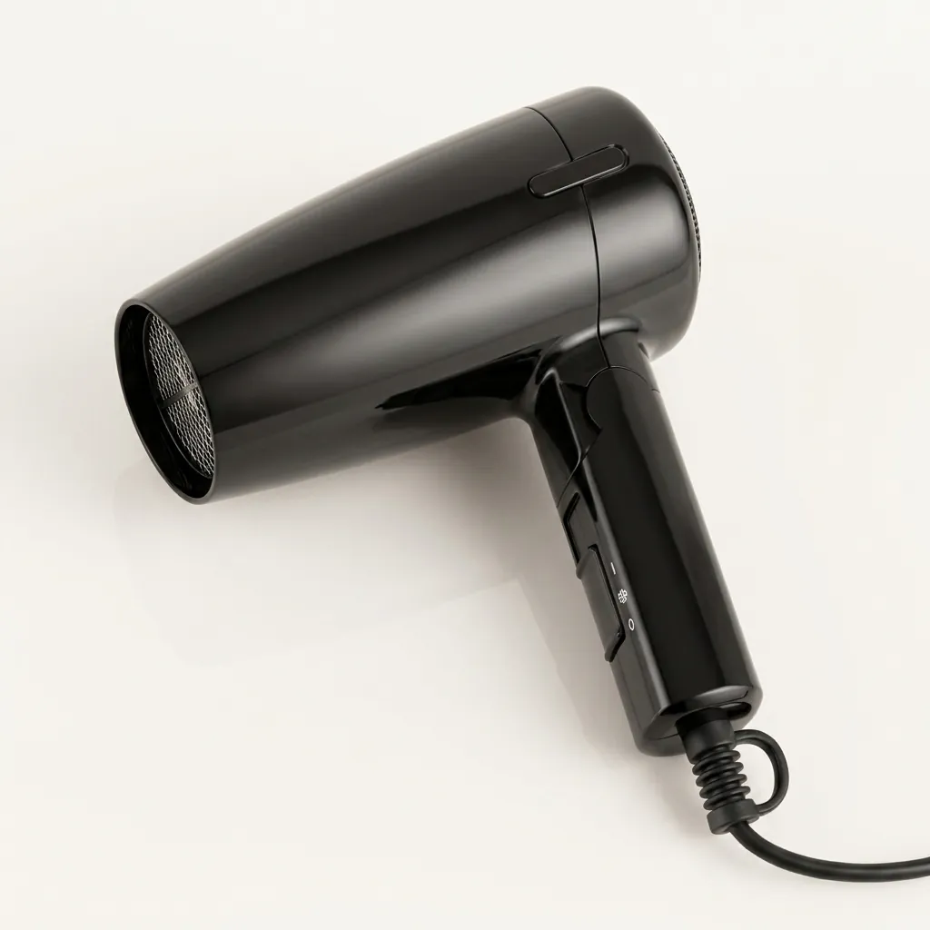 Mini Foldable Hair Dryer 1200W [1028] — HDR-1028 — A compact 1200W foldable hair dryer with two heat settings, finished in lustrous black. The foldable handle and hang-up loop make it space-saving and easy to store, with an ergonomic grip for comfort. Slim at 13x6.5x15.5cm. CE, CB, GCC and RoHS approved. (image 4)