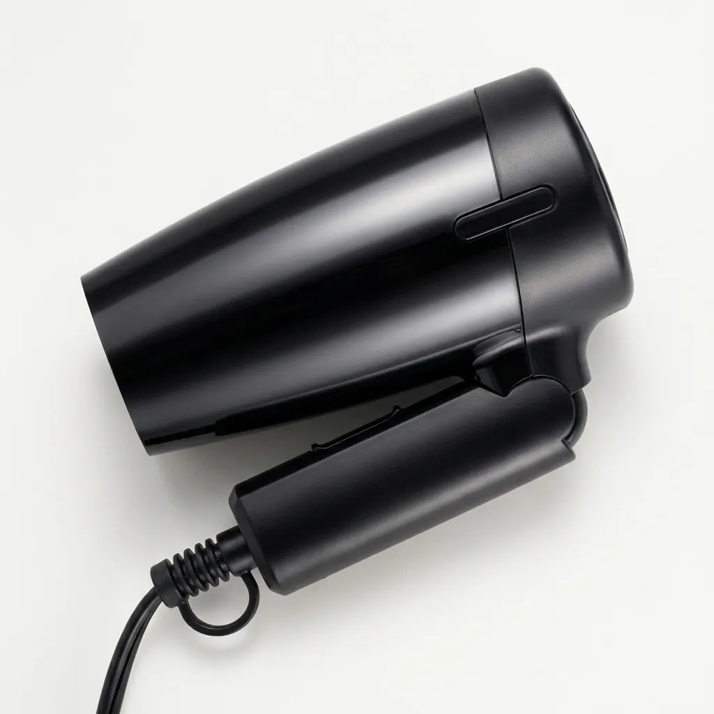 Mini Foldable Hair Dryer 1200W [1028] — HDR-1028 — A compact 1200W foldable hair dryer with two heat settings, finished in lustrous black. The foldable handle and hang-up loop make it space-saving and easy to store, with an ergonomic grip for comfort. Slim at 13x6.5x15.5cm. CE, CB, GCC and RoHS approved. (image 5)