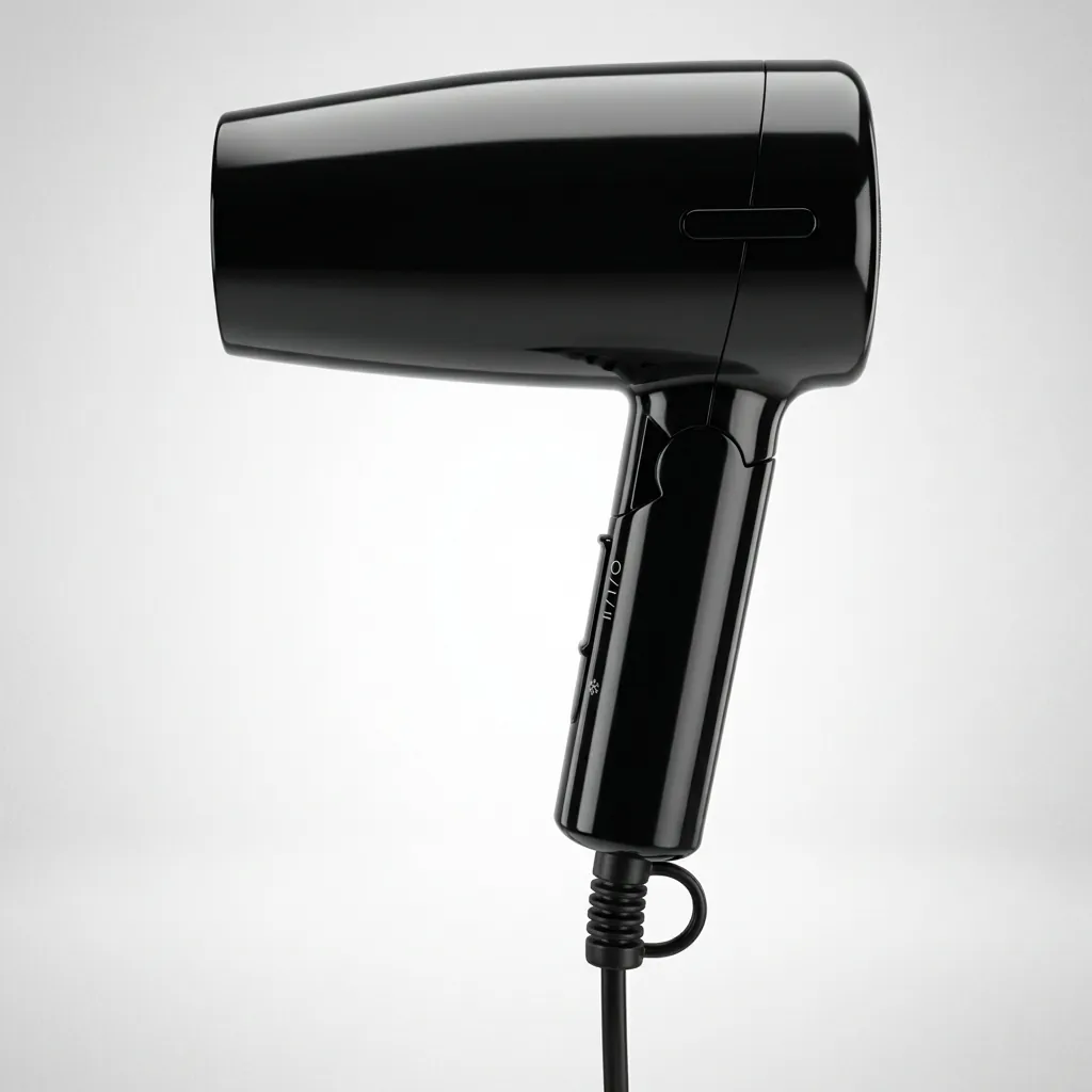 Mini Foldable Hair Dryer 1200W [1028] — HDR-1028 — A compact 1200W foldable hair dryer with two heat settings, finished in lustrous black. The foldable handle and hang-up loop make it space-saving and easy to store, with an ergonomic grip for comfort. Slim at 13x6.5x15.5cm. CE, CB, GCC and RoHS approved. (image 6)