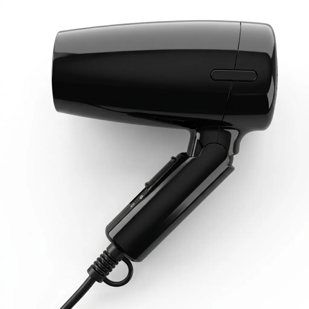 Mini Foldable Hair Dryer 1200W [1028] — HDR-1028 — A compact 1200W foldable hair dryer with two heat settings, finished in lustrous black. The foldable handle and hang-up loop make it space-saving and easy to store, with an ergonomic grip for comfort. Slim at 13x6.5x15.5cm. CE, CB, GCC and RoHS approved. (image 7)