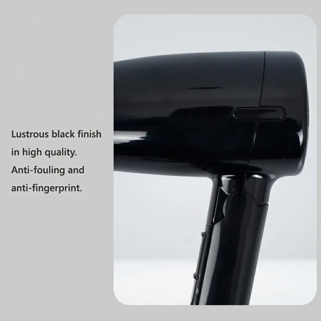 Mini Foldable Hair Dryer 1200W [1028] — HDR-1028 — A compact 1200W foldable hair dryer with two heat settings, finished in lustrous black. The foldable handle and hang-up loop make it space-saving and easy to store, with an ergonomic grip for comfort. Slim at 13x6.5x15.5cm. CE, CB, GCC and RoHS approved. (image 8)