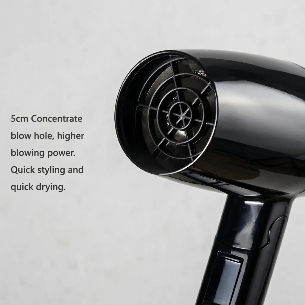 Mini Foldable Hair Dryer 1200W [1028] — HDR-1028 — A compact 1200W foldable hair dryer with two heat settings, finished in lustrous black. The foldable handle and hang-up loop make it space-saving and easy to store, with an ergonomic grip for comfort. Slim at 13x6.5x15.5cm. CE, CB, GCC and RoHS approved. (image 9)