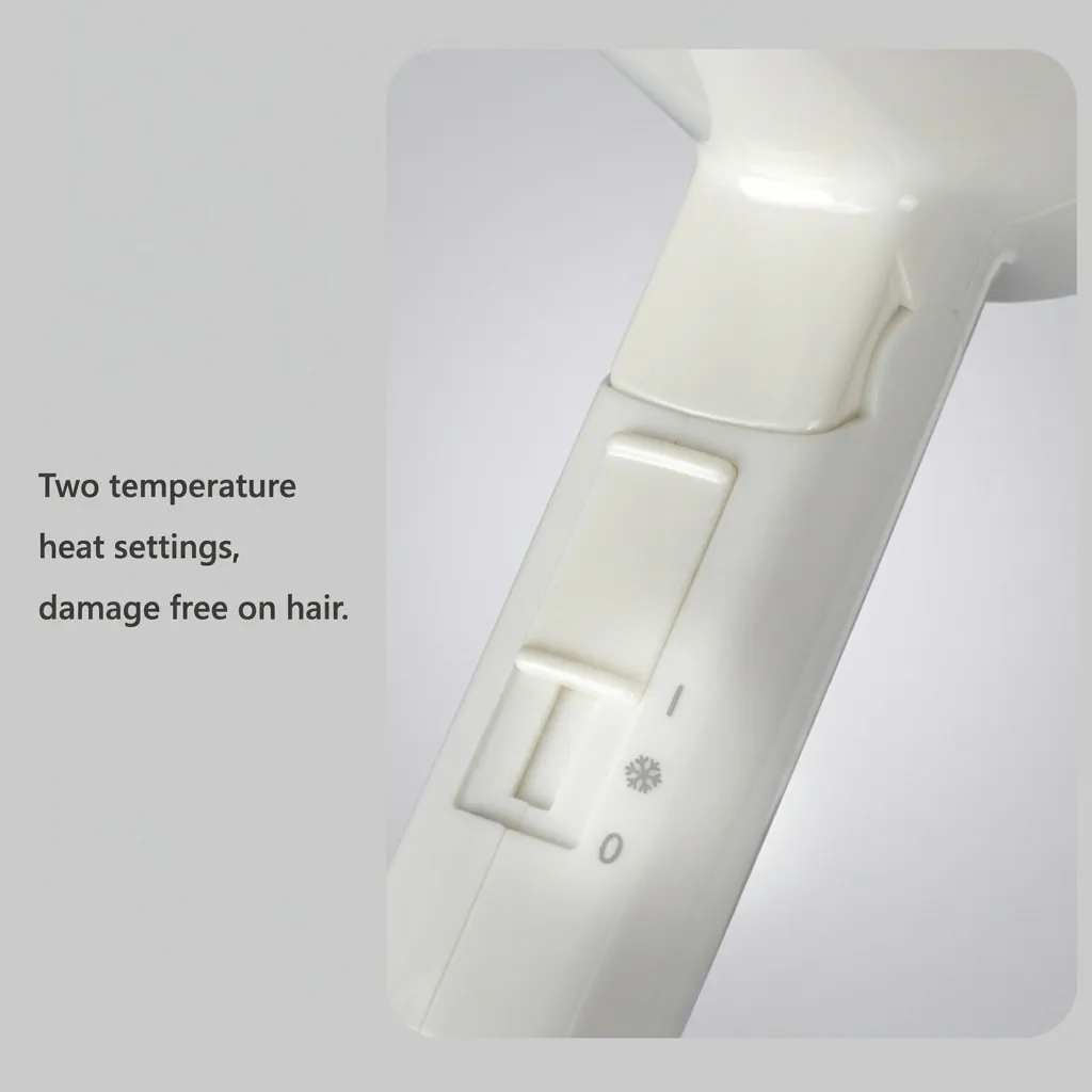 Mini Foldable Hair Dryer 1200W [1029] — HDR-1029 — A compact 1200W foldable hair dryer with two heat settings in a lustrous white finish. Its foldable handle, ergonomic grip and hang-up loop make it easy to store and use. Slim at 13x6.5x15.5cm. CE, CB, GCC and RoHS approved. (image 3)
