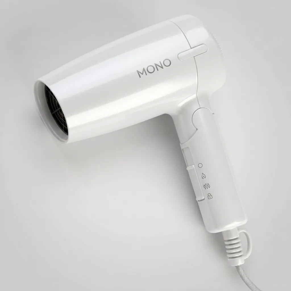 Mini Foldable Hair Dryer 1200W [1029] — HDR-1029 — A compact 1200W foldable hair dryer with two heat settings in a lustrous white finish. Its foldable handle, ergonomic grip and hang-up loop make it easy to store and use. Slim at 13x6.5x15.5cm. CE, CB, GCC and RoHS approved. (image 1)