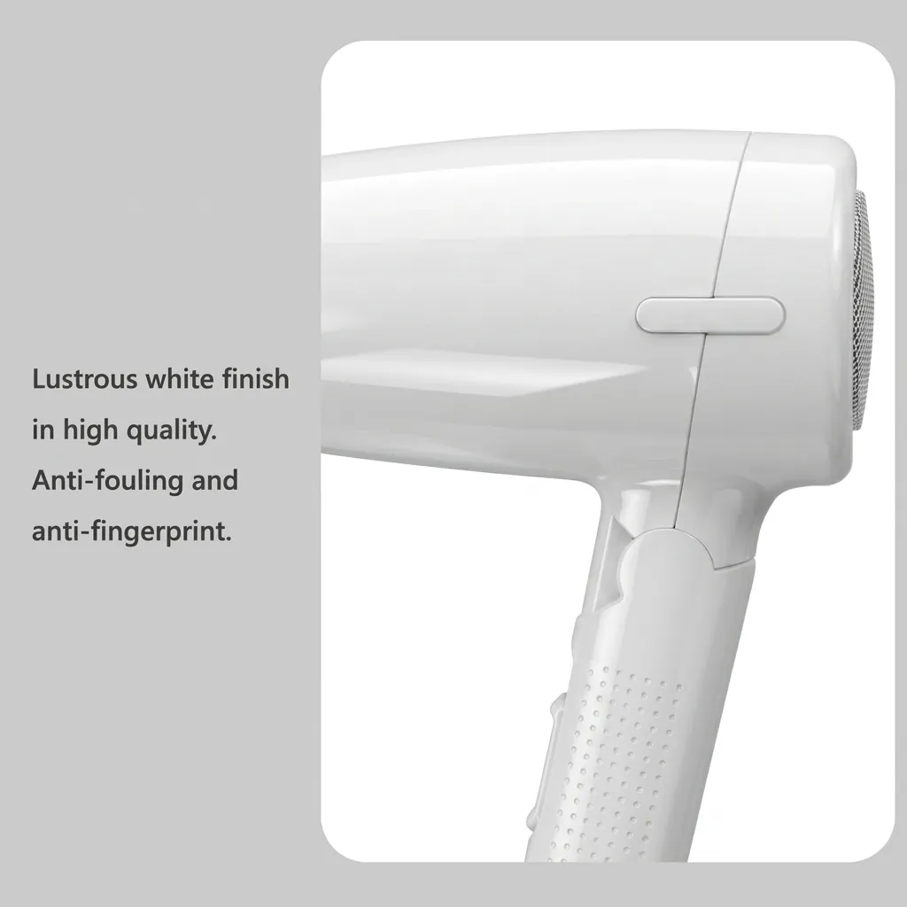 Mini Foldable Hair Dryer 1200W [1029] — HDR-1029 — A compact 1200W foldable hair dryer with two heat settings in a lustrous white finish. Its foldable handle, ergonomic grip and hang-up loop make it easy to store and use. Slim at 13x6.5x15.5cm. CE, CB, GCC and RoHS approved. (image 9)