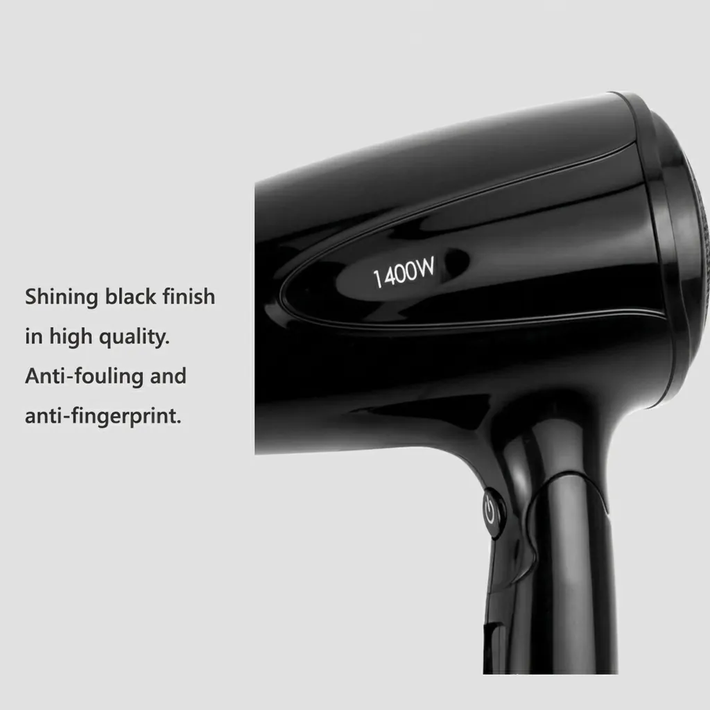 Foldable Hair Dryer 1400W — HDR-1030 — A foldable 1400 to 1600W hair dryer with three temperature settings including a cool shot, in a high-gloss finish. A hotel safety button and foldable handle make it practical for guest rooms, with a removable nozzle and hang-up loop for convenience. Measures 15.5x7.7x20cm, available in black, white, silver or gold. CE, CB, GCC and RoHS approved. (image 2)