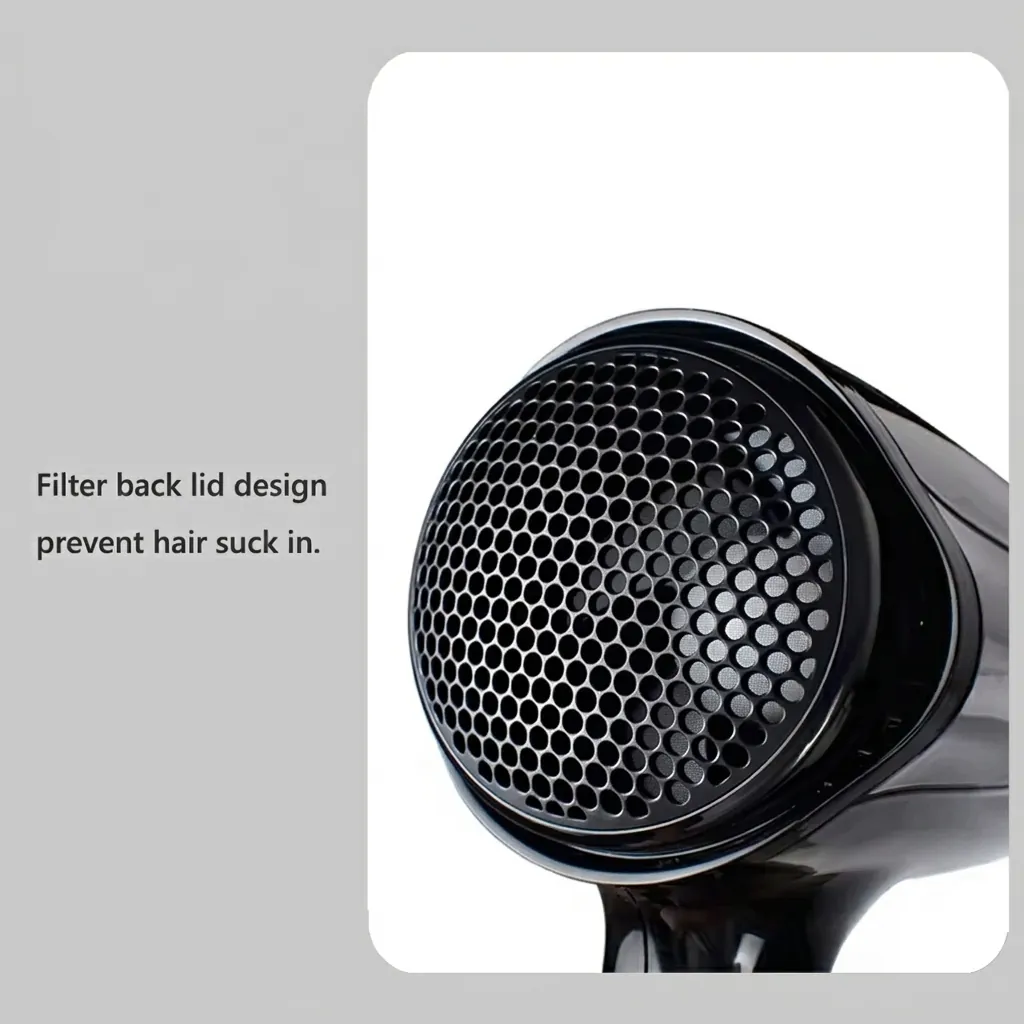 Foldable Hair Dryer 1400W — HDR-1030 — A foldable 1400 to 1600W hair dryer with three temperature settings including a cool shot, in a high-gloss finish. A hotel safety button and foldable handle make it practical for guest rooms, with a removable nozzle and hang-up loop for convenience. Measures 15.5x7.7x20cm, available in black, white, silver or gold. CE, CB, GCC and RoHS approved. (image 3)