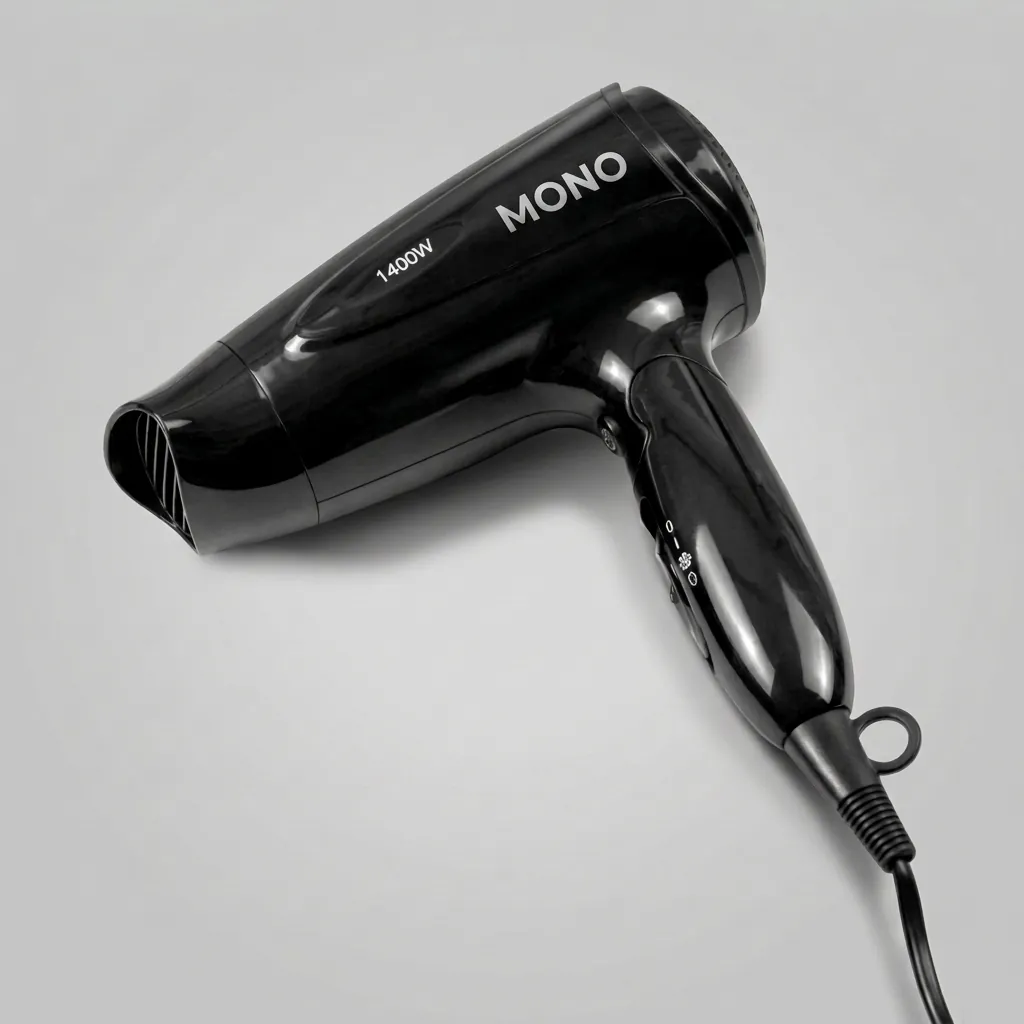 Foldable Hair Dryer 1400W — HDR-1030 — A foldable 1400 to 1600W hair dryer with three temperature settings including a cool shot, in a high-gloss finish. A hotel safety button and foldable handle make it practical for guest rooms, with a removable nozzle and hang-up loop for convenience. Measures 15.5x7.7x20cm, available in black, white, silver or gold. CE, CB, GCC and RoHS approved. (image 1)