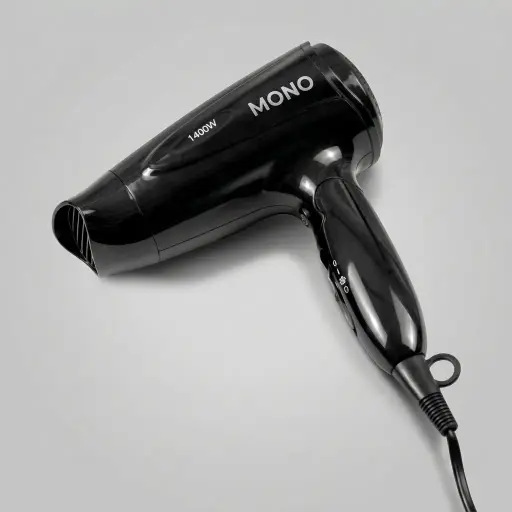 Foldable Hair Dryer 1400W — HDR-1030 — A foldable 1400 to 1600W hair dryer with three temperature settings including a cool shot, in a high-gloss finish. A hotel safety button and foldable handle make it practical for guest rooms, with a removable nozzle and hang-up loop for convenience. Measures 15.5x7.7x20cm, available in black, white, silver or gold. CE, CB, GCC and RoHS approved.