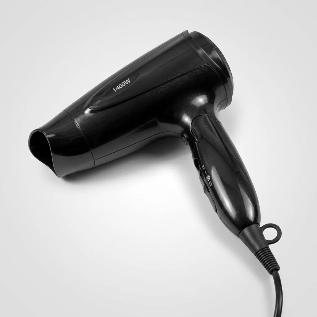 Foldable Hair Dryer 1400W — HDR-1030 — A foldable 1400 to 1600W hair dryer with three temperature settings including a cool shot, in a high-gloss finish. A hotel safety button and foldable handle make it practical for guest rooms, with a removable nozzle and hang-up loop for convenience. Measures 15.5x7.7x20cm, available in black, white, silver or gold. CE, CB, GCC and RoHS approved. (image 4)