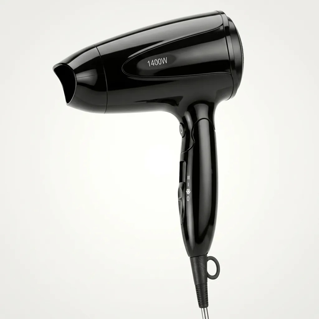 Foldable Hair Dryer 1400W — HDR-1030 — A foldable 1400 to 1600W hair dryer with three temperature settings including a cool shot, in a high-gloss finish. A hotel safety button and foldable handle make it practical for guest rooms, with a removable nozzle and hang-up loop for convenience. Measures 15.5x7.7x20cm, available in black, white, silver or gold. CE, CB, GCC and RoHS approved. (image 5)