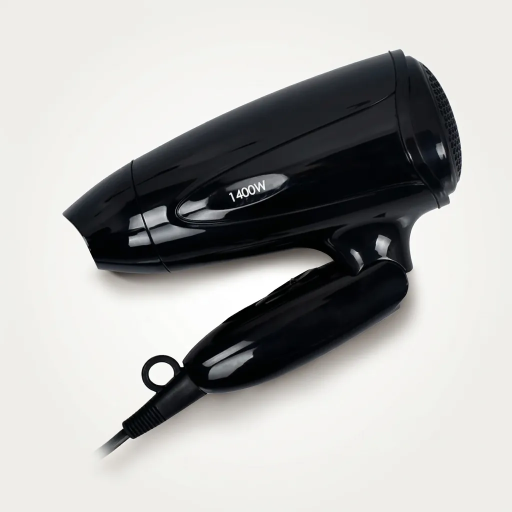 Foldable Hair Dryer 1400W — HDR-1030 — A foldable 1400 to 1600W hair dryer with three temperature settings including a cool shot, in a high-gloss finish. A hotel safety button and foldable handle make it practical for guest rooms, with a removable nozzle and hang-up loop for convenience. Measures 15.5x7.7x20cm, available in black, white, silver or gold. CE, CB, GCC and RoHS approved. (image 6)