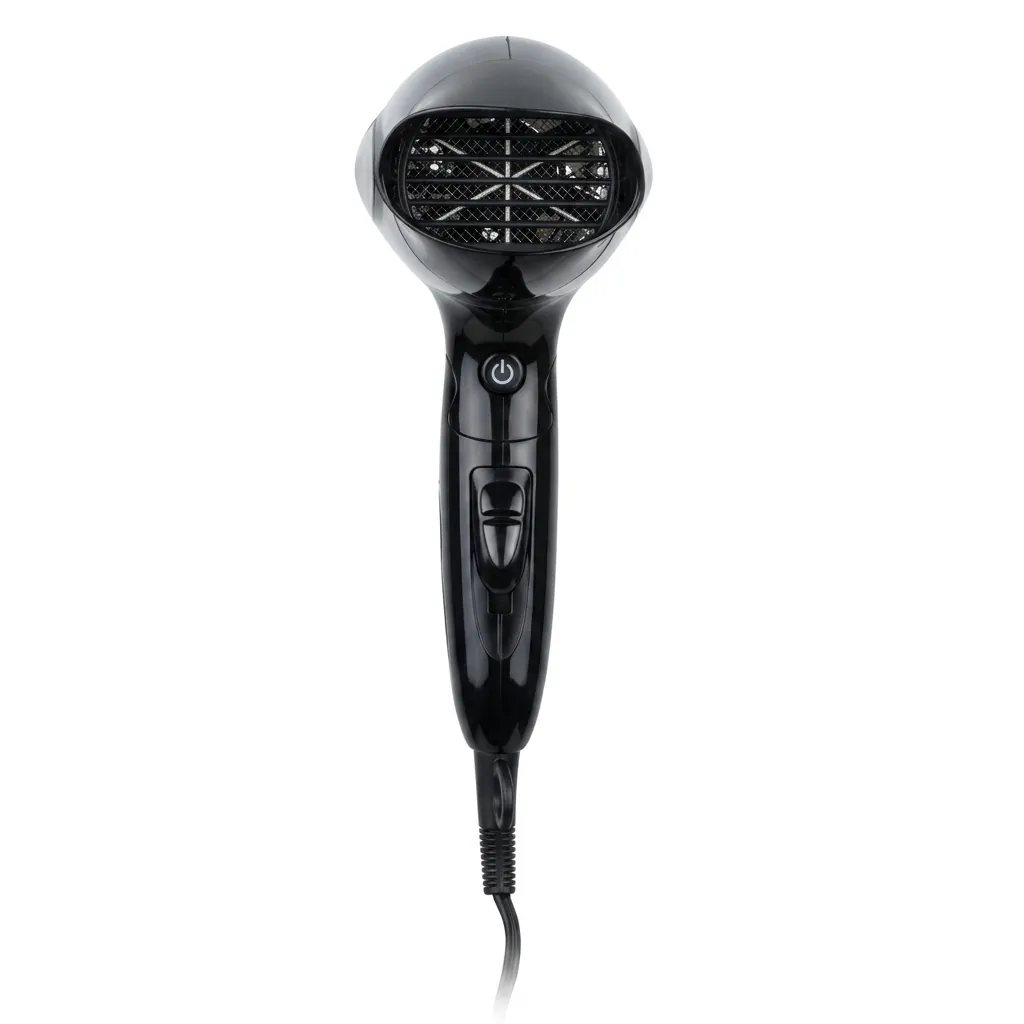 Foldable Hair Dryer 1400W — HDR-1030 — A foldable 1400 to 1600W hair dryer with three temperature settings including a cool shot, in a high-gloss finish. A hotel safety button and foldable handle make it practical for guest rooms, with a removable nozzle and hang-up loop for convenience. Measures 15.5x7.7x20cm, available in black, white, silver or gold. CE, CB, GCC and RoHS approved. (image 7)