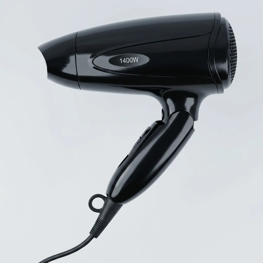 Foldable Hair Dryer 1400W — HDR-1030 — A foldable 1400 to 1600W hair dryer with three temperature settings including a cool shot, in a high-gloss finish. A hotel safety button and foldable handle make it practical for guest rooms, with a removable nozzle and hang-up loop for convenience. Measures 15.5x7.7x20cm, available in black, white, silver or gold. CE, CB, GCC and RoHS approved. (image 9)