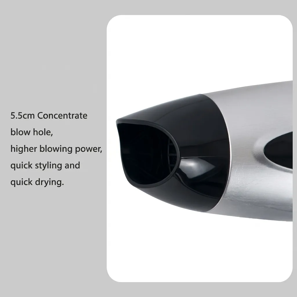 Foldable Mini Hair Dryer 1400W [1031] — HDR-1031 — A foldable mini hair dryer rated 1400 to 1600W with three temperature settings including a cool shot, in a high-gloss finish. A hotel safety button and foldable handle keep it practical and space-saving, with a removable nozzle and hang-up loop. Measures 15.5x7.7x20cm, available in black, white, silver or gold. CE, CB, GCC and RoHS approved. (image 2)