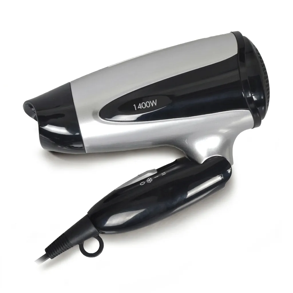 Foldable Mini Hair Dryer 1400W [1031] — HDR-1031 — A foldable mini hair dryer rated 1400 to 1600W with three temperature settings including a cool shot, in a high-gloss finish. A hotel safety button and foldable handle keep it practical and space-saving, with a removable nozzle and hang-up loop. Measures 15.5x7.7x20cm, available in black, white, silver or gold. CE, CB, GCC and RoHS approved. (image 3)