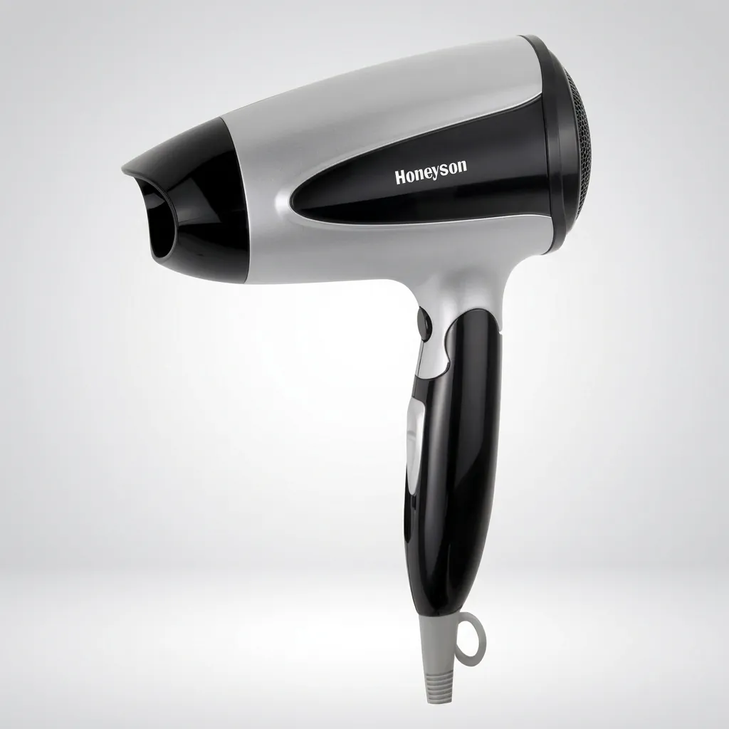 Foldable Mini Hair Dryer 1400W [1031] — HDR-1031 — A foldable mini hair dryer rated 1400 to 1600W with three temperature settings including a cool shot, in a high-gloss finish. A hotel safety button and foldable handle keep it practical and space-saving, with a removable nozzle and hang-up loop. Measures 15.5x7.7x20cm, available in black, white, silver or gold. CE, CB, GCC and RoHS approved. (image 4)