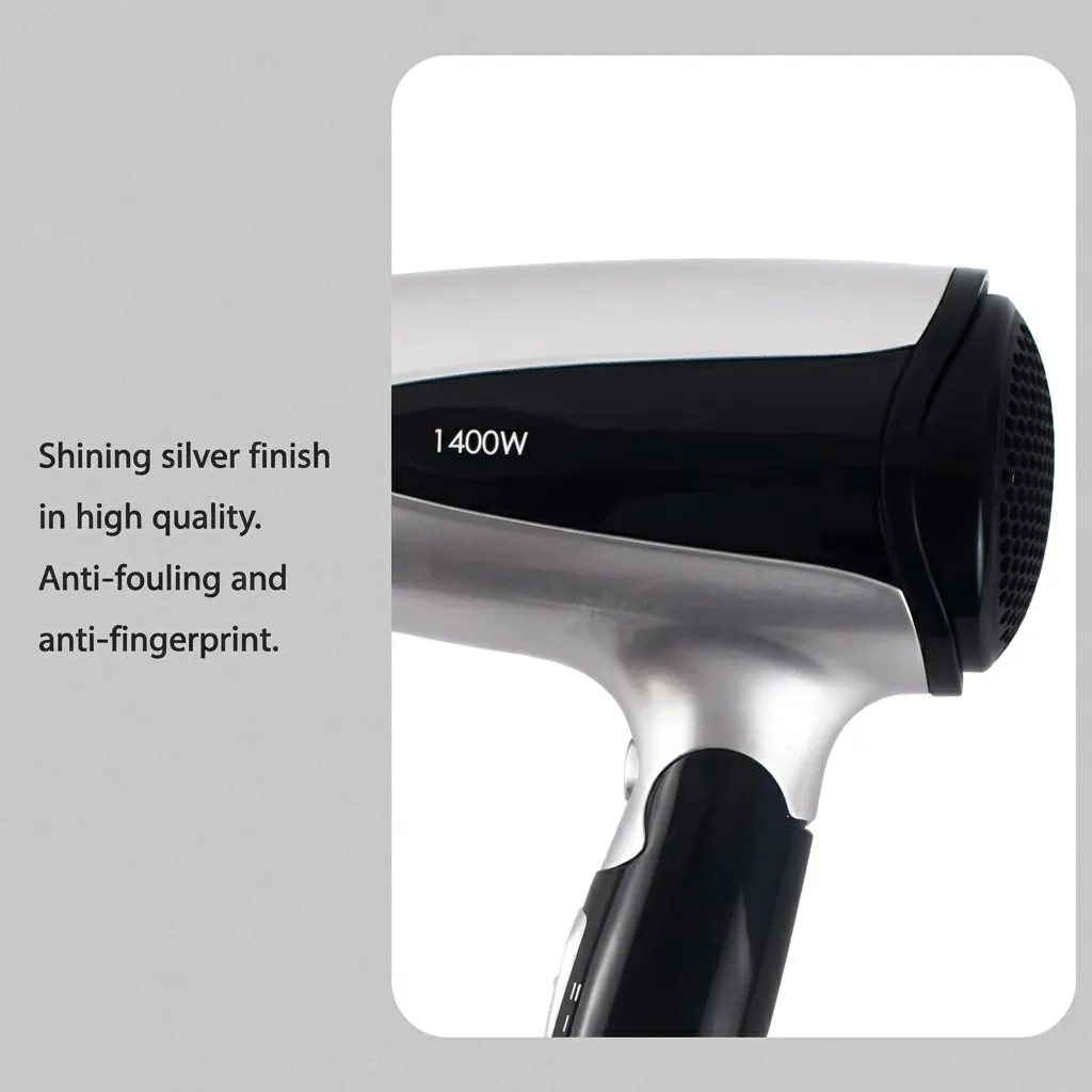 Foldable Mini Hair Dryer 1400W [1031] — HDR-1031 — A foldable mini hair dryer rated 1400 to 1600W with three temperature settings including a cool shot, in a high-gloss finish. A hotel safety button and foldable handle keep it practical and space-saving, with a removable nozzle and hang-up loop. Measures 15.5x7.7x20cm, available in black, white, silver or gold. CE, CB, GCC and RoHS approved. (image 5)