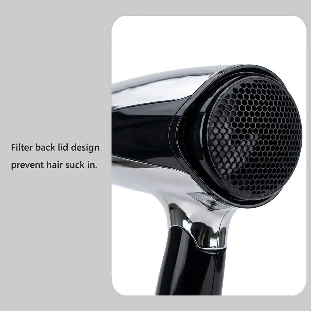 Foldable Mini Hair Dryer 1400W [1031] — HDR-1031 — A foldable mini hair dryer rated 1400 to 1600W with three temperature settings including a cool shot, in a high-gloss finish. A hotel safety button and foldable handle keep it practical and space-saving, with a removable nozzle and hang-up loop. Measures 15.5x7.7x20cm, available in black, white, silver or gold. CE, CB, GCC and RoHS approved. (image 6)