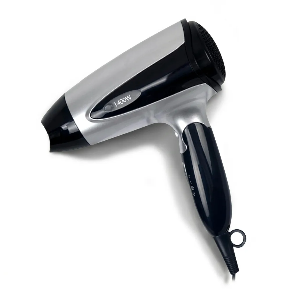 Foldable Mini Hair Dryer 1400W [1031] — HDR-1031 — A foldable mini hair dryer rated 1400 to 1600W with three temperature settings including a cool shot, in a high-gloss finish. A hotel safety button and foldable handle keep it practical and space-saving, with a removable nozzle and hang-up loop. Measures 15.5x7.7x20cm, available in black, white, silver or gold. CE, CB, GCC and RoHS approved. (image 7)