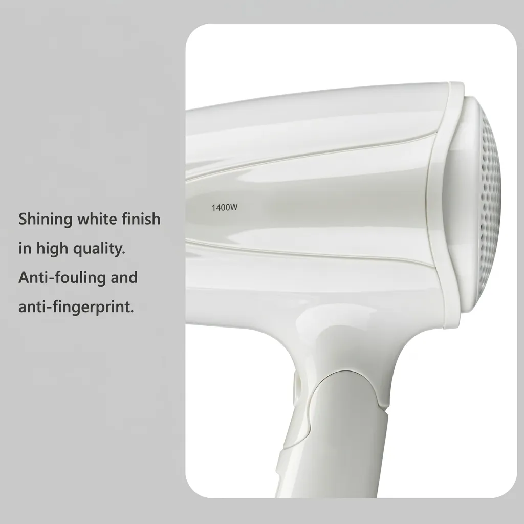Foldable Mini Hair Dryer 1400W [1032] — HDR-1032 — A compact foldable hair dryer rated 1400 to 1600W with three heat settings including cool air, finished in high gloss. The foldable handle and hang-up loop make it easy to store, with a removable nozzle and a hotel safety button. Measures 15.5x7.7x20cm, available in black, white, silver or gold. CE, CB, GCC and RoHS approved. (image 2)