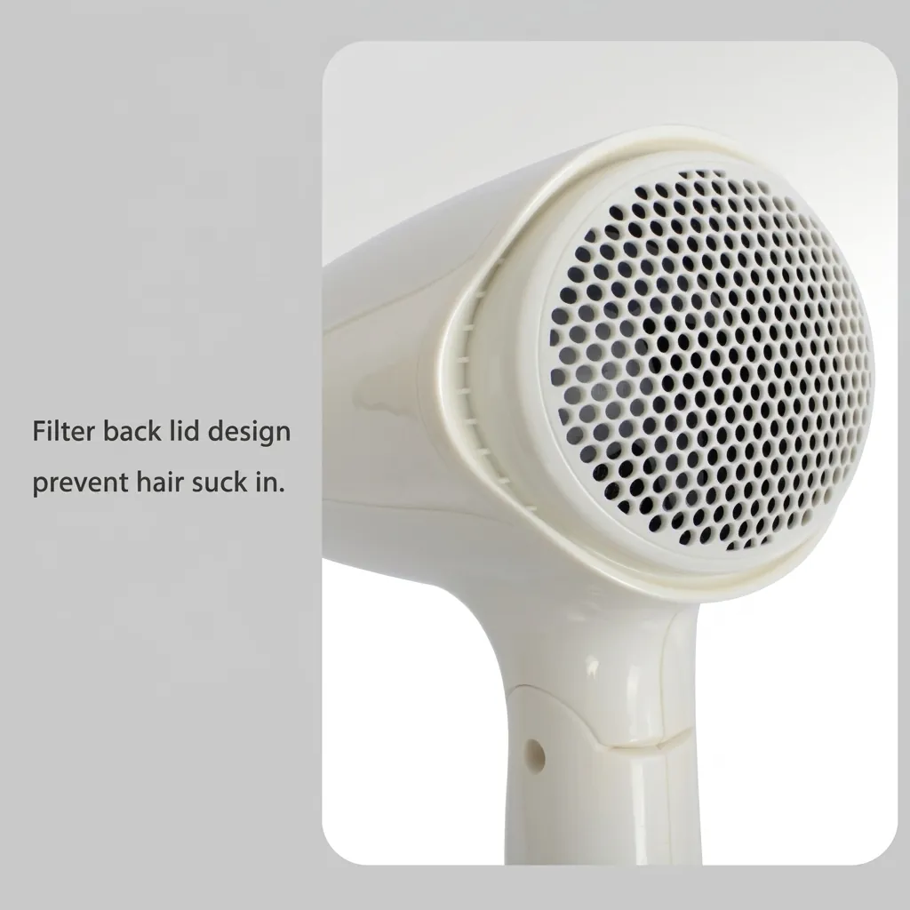 Foldable Mini Hair Dryer 1400W [1032] — HDR-1032 — A compact foldable hair dryer rated 1400 to 1600W with three heat settings including cool air, finished in high gloss. The foldable handle and hang-up loop make it easy to store, with a removable nozzle and a hotel safety button. Measures 15.5x7.7x20cm, available in black, white, silver or gold. CE, CB, GCC and RoHS approved. (image 3)