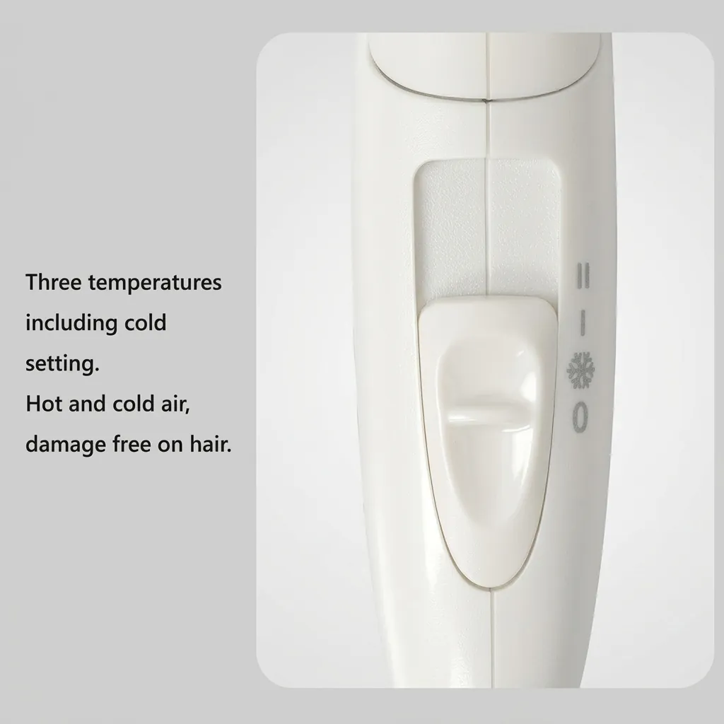 Foldable Mini Hair Dryer 1400W [1032] — HDR-1032 — A compact foldable hair dryer rated 1400 to 1600W with three heat settings including cool air, finished in high gloss. The foldable handle and hang-up loop make it easy to store, with a removable nozzle and a hotel safety button. Measures 15.5x7.7x20cm, available in black, white, silver or gold. CE, CB, GCC and RoHS approved. (image 4)