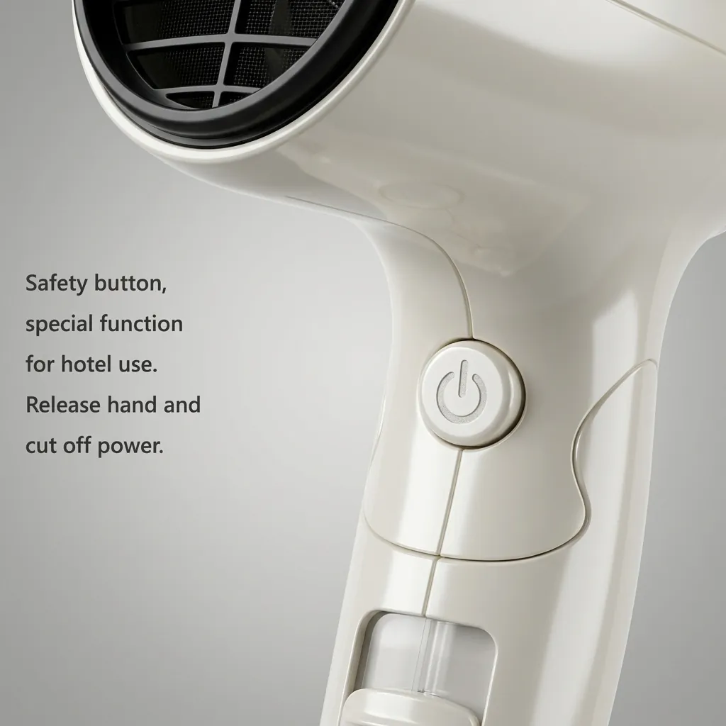 Foldable Mini Hair Dryer 1400W [1032] — HDR-1032 — A compact foldable hair dryer rated 1400 to 1600W with three heat settings including cool air, finished in high gloss. The foldable handle and hang-up loop make it easy to store, with a removable nozzle and a hotel safety button. Measures 15.5x7.7x20cm, available in black, white, silver or gold. CE, CB, GCC and RoHS approved. (image 5)