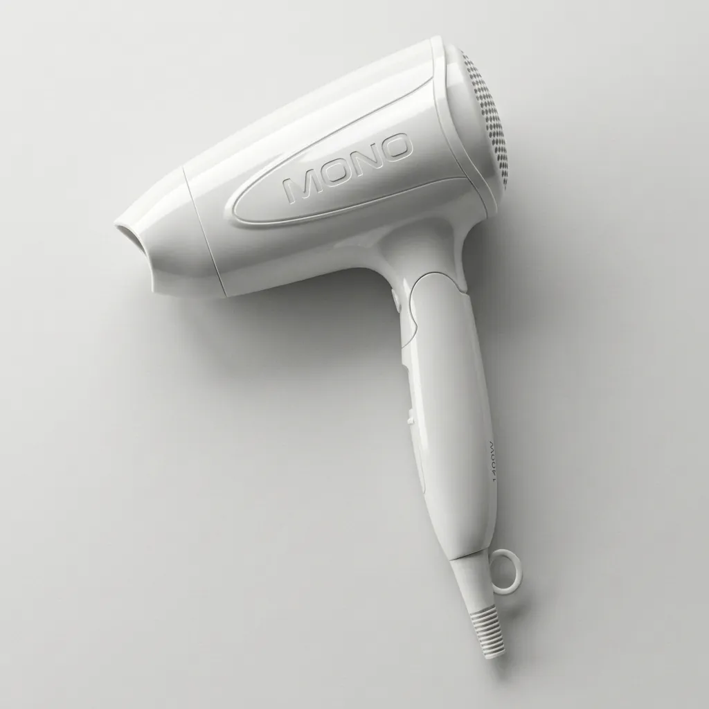 Foldable Mini Hair Dryer 1400W [1032] — HDR-1032 — A compact foldable hair dryer rated 1400 to 1600W with three heat settings including cool air, finished in high gloss. The foldable handle and hang-up loop make it easy to store, with a removable nozzle and a hotel safety button. Measures 15.5x7.7x20cm, available in black, white, silver or gold. CE, CB, GCC and RoHS approved. (image 1)