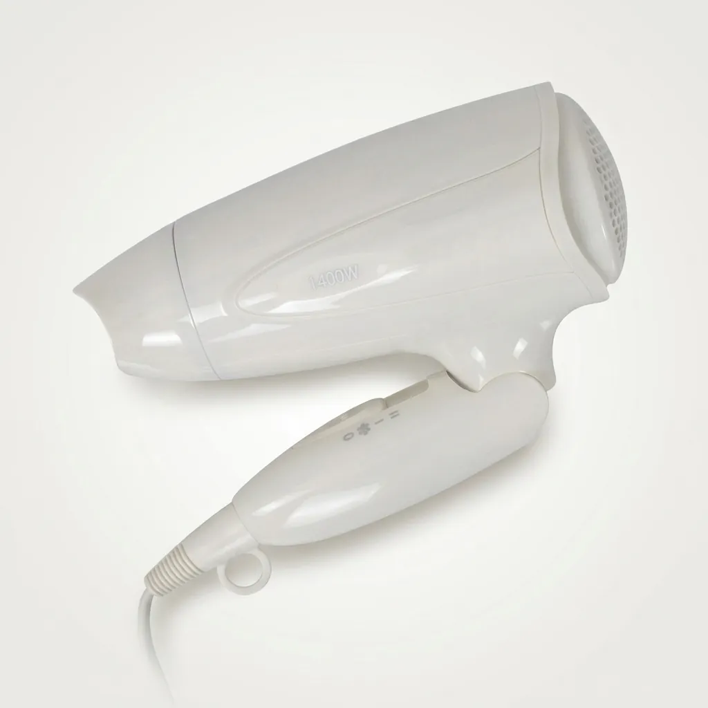 Foldable Mini Hair Dryer 1400W [1032] — HDR-1032 — A compact foldable hair dryer rated 1400 to 1600W with three heat settings including cool air, finished in high gloss. The foldable handle and hang-up loop make it easy to store, with a removable nozzle and a hotel safety button. Measures 15.5x7.7x20cm, available in black, white, silver or gold. CE, CB, GCC and RoHS approved. (image 6)