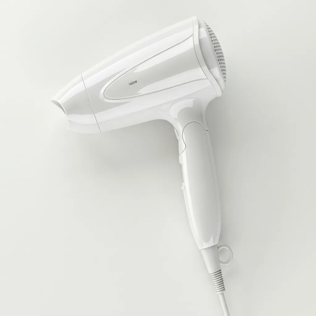 Foldable Mini Hair Dryer 1400W [1032] — HDR-1032 — A compact foldable hair dryer rated 1400 to 1600W with three heat settings including cool air, finished in high gloss. The foldable handle and hang-up loop make it easy to store, with a removable nozzle and a hotel safety button. Measures 15.5x7.7x20cm, available in black, white, silver or gold. CE, CB, GCC and RoHS approved. (image 7)
