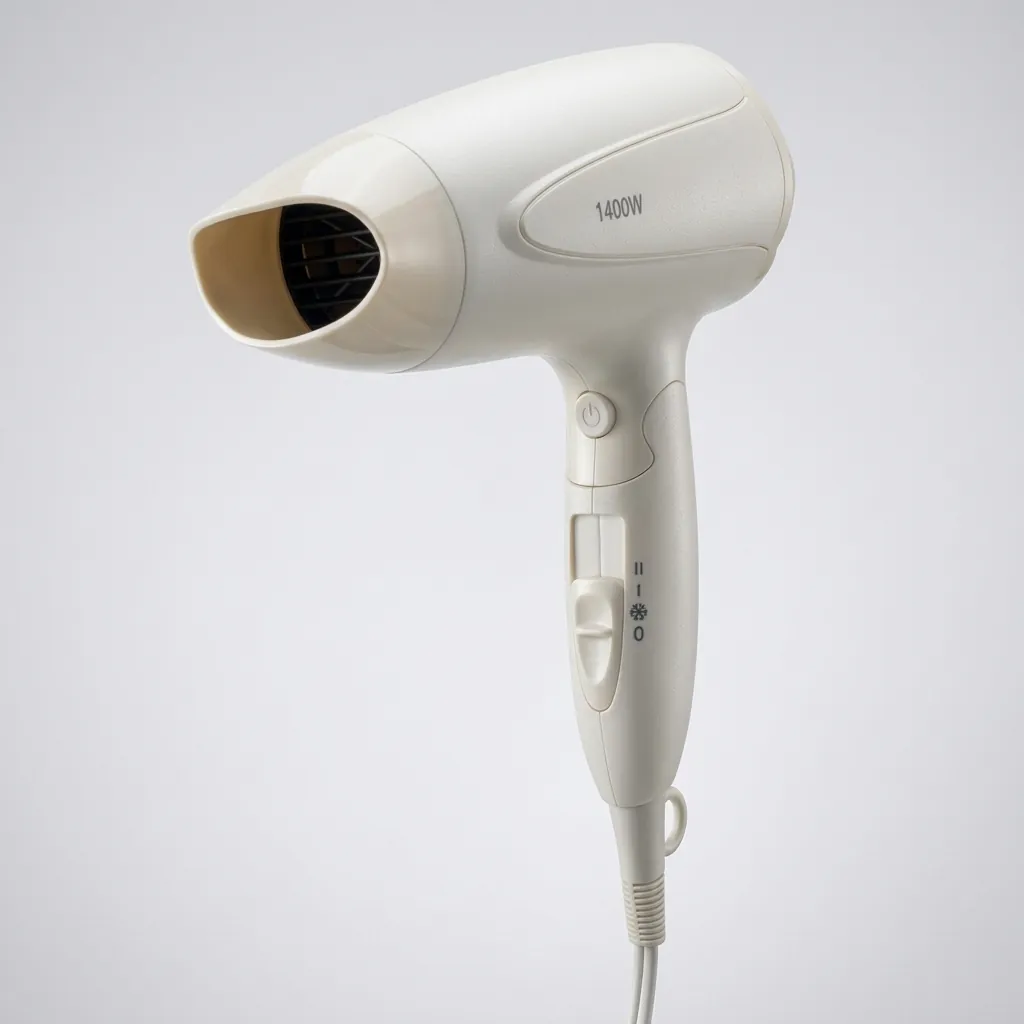 Foldable Mini Hair Dryer 1400W [1032] — HDR-1032 — A compact foldable hair dryer rated 1400 to 1600W with three heat settings including cool air, finished in high gloss. The foldable handle and hang-up loop make it easy to store, with a removable nozzle and a hotel safety button. Measures 15.5x7.7x20cm, available in black, white, silver or gold. CE, CB, GCC and RoHS approved. (image 8)