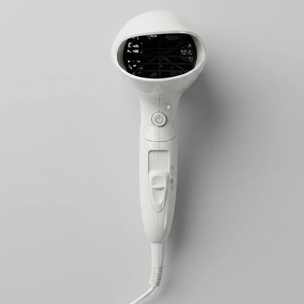 Foldable Mini Hair Dryer 1400W [1032] — HDR-1032 — A compact foldable hair dryer rated 1400 to 1600W with three heat settings including cool air, finished in high gloss. The foldable handle and hang-up loop make it easy to store, with a removable nozzle and a hotel safety button. Measures 15.5x7.7x20cm, available in black, white, silver or gold. CE, CB, GCC and RoHS approved. (image 9)