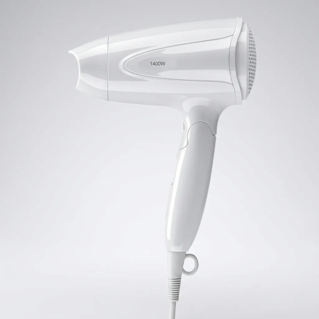 Foldable Mini Hair Dryer 1400W [1032] — HDR-1032 — A compact foldable hair dryer rated 1400 to 1600W with three heat settings including cool air, finished in high gloss. The foldable handle and hang-up loop make it easy to store, with a removable nozzle and a hotel safety button. Measures 15.5x7.7x20cm, available in black, white, silver or gold. CE, CB, GCC and RoHS approved. (image 10)