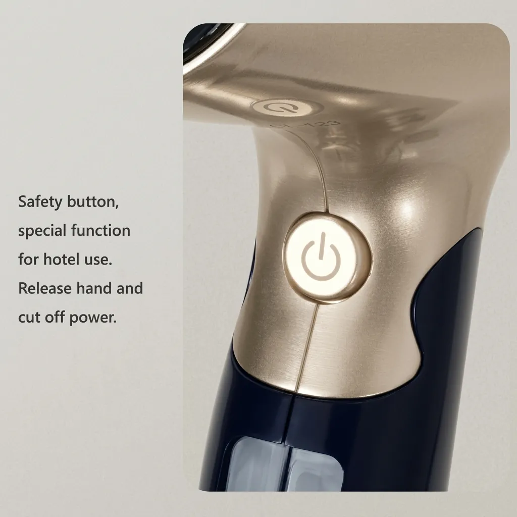 Foldable Mini Hair Dryer 1400W [1033] — HDR-1033 — A foldable 1400 to 1600W hair dryer offering three temperatures including a cool setting, in a glossy finish. A hotel safety button, foldable handle and removable nozzle make it convenient and tidy to store. Measures 15.5x7.7x20cm, available in black, white, silver or gold. CE, CB, GCC and RoHS approved. (image 2)