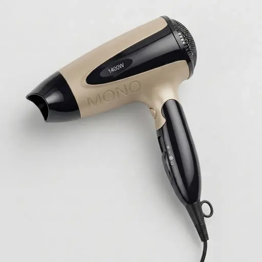 Foldable Mini Hair Dryer 1400W [1033] — HDR-1033 — A foldable 1400 to 1600W hair dryer offering three temperatures including a cool setting, in a glossy finish. A hotel safety button, foldable handle and removable nozzle make it convenient and tidy to store. Measures 15.5x7.7x20cm, available in black, white, silver or gold. CE, CB, GCC and RoHS approved.