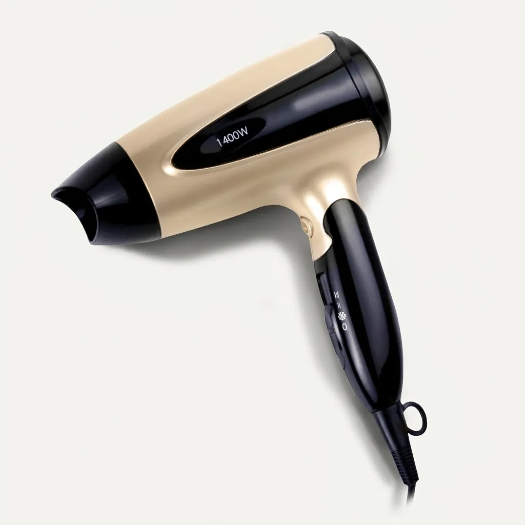 Foldable Mini Hair Dryer 1400W [1033] — HDR-1033 — A foldable 1400 to 1600W hair dryer offering three temperatures including a cool setting, in a glossy finish. A hotel safety button, foldable handle and removable nozzle make it convenient and tidy to store. Measures 15.5x7.7x20cm, available in black, white, silver or gold. CE, CB, GCC and RoHS approved. (image 3)
