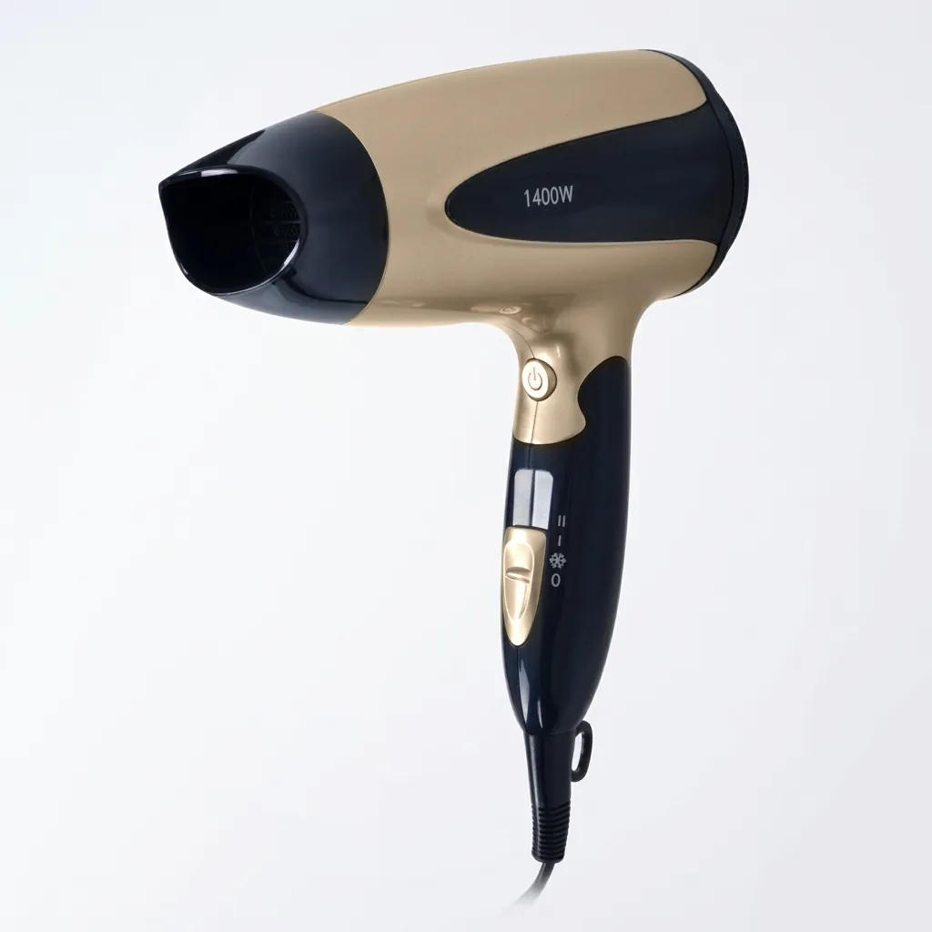 Foldable Mini Hair Dryer 1400W [1033] — HDR-1033 — A foldable 1400 to 1600W hair dryer offering three temperatures including a cool setting, in a glossy finish. A hotel safety button, foldable handle and removable nozzle make it convenient and tidy to store. Measures 15.5x7.7x20cm, available in black, white, silver or gold. CE, CB, GCC and RoHS approved. (image 4)
