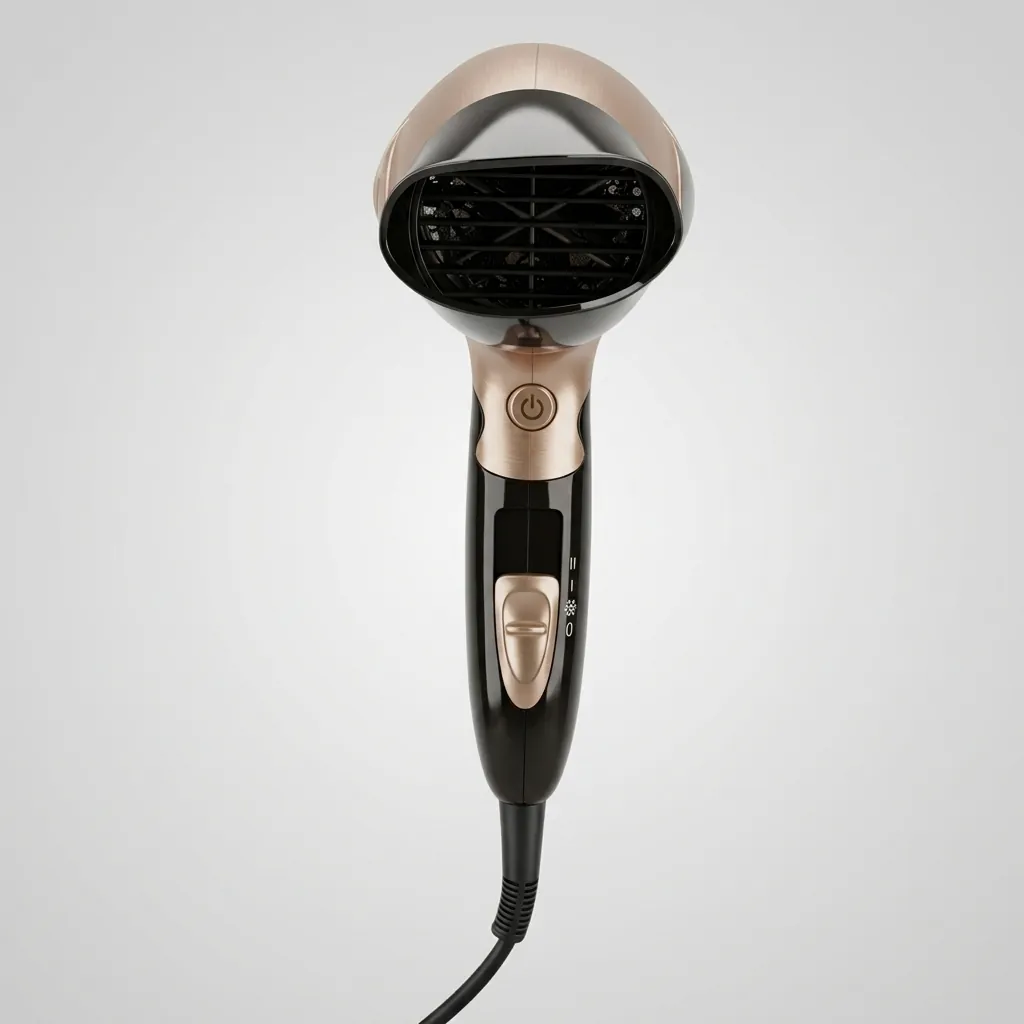 Foldable Mini Hair Dryer 1400W [1033] — HDR-1033 — A foldable 1400 to 1600W hair dryer offering three temperatures including a cool setting, in a glossy finish. A hotel safety button, foldable handle and removable nozzle make it convenient and tidy to store. Measures 15.5x7.7x20cm, available in black, white, silver or gold. CE, CB, GCC and RoHS approved. (image 5)