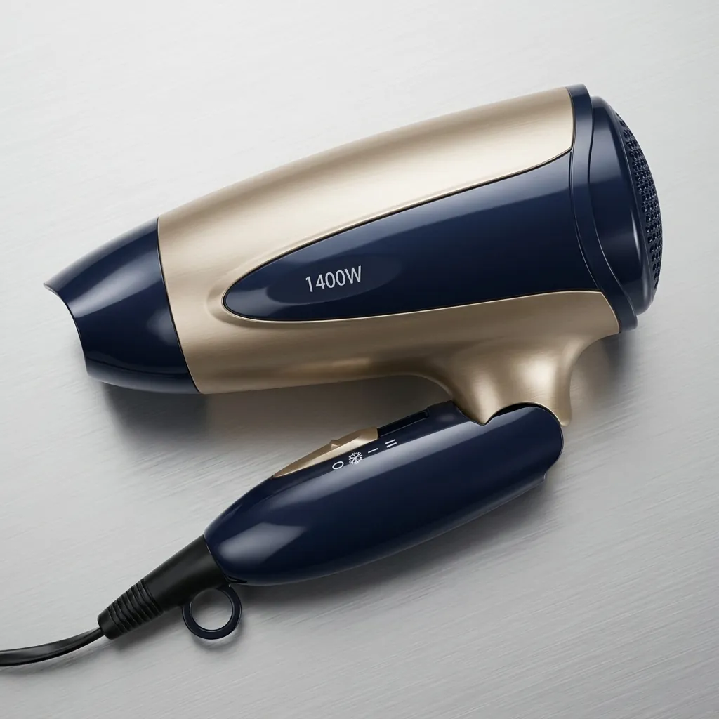 Foldable Mini Hair Dryer 1400W [1033] — HDR-1033 — A foldable 1400 to 1600W hair dryer offering three temperatures including a cool setting, in a glossy finish. A hotel safety button, foldable handle and removable nozzle make it convenient and tidy to store. Measures 15.5x7.7x20cm, available in black, white, silver or gold. CE, CB, GCC and RoHS approved. (image 6)