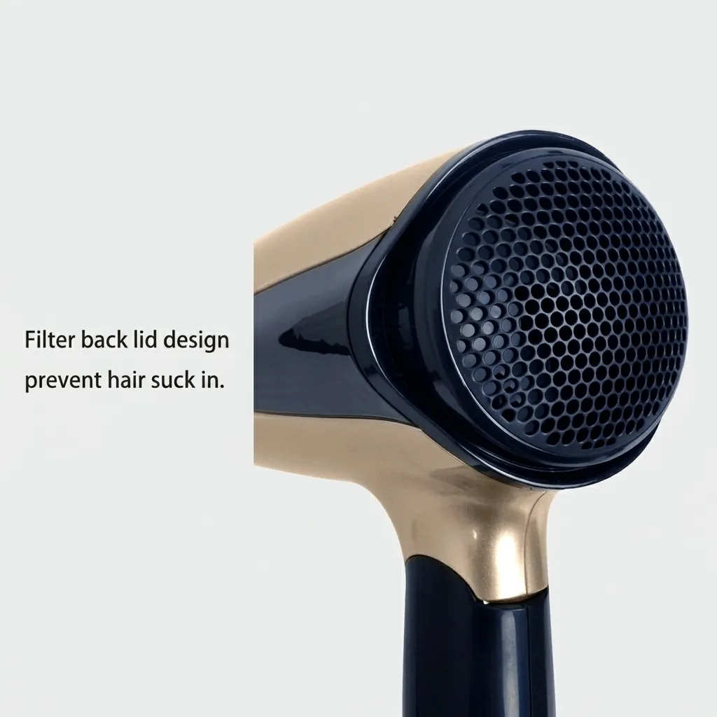 Foldable Mini Hair Dryer 1400W [1033] — HDR-1033 — A foldable 1400 to 1600W hair dryer offering three temperatures including a cool setting, in a glossy finish. A hotel safety button, foldable handle and removable nozzle make it convenient and tidy to store. Measures 15.5x7.7x20cm, available in black, white, silver or gold. CE, CB, GCC and RoHS approved. (image 7)