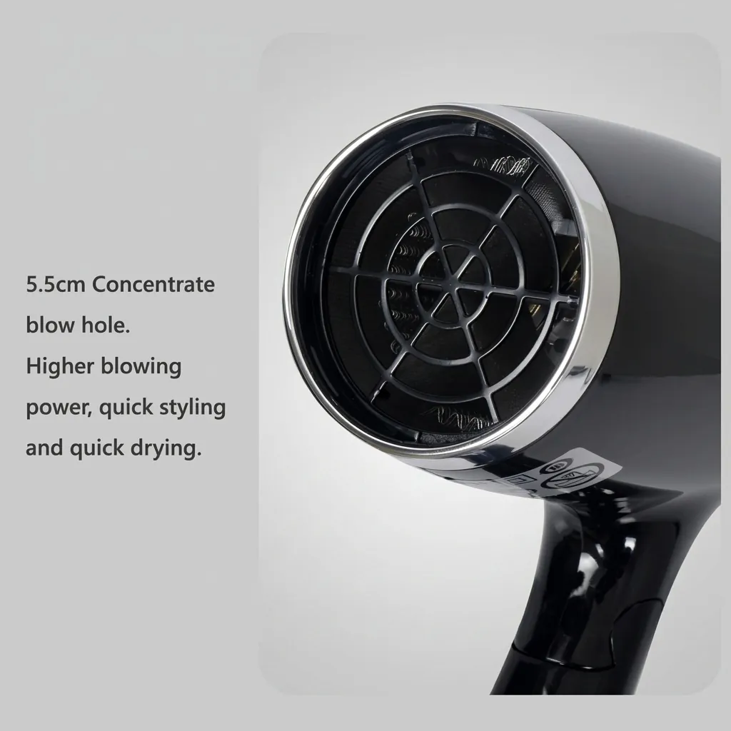 Foldable Hair Dryer 1200W [1034] — HDR-1034 — A foldable 1200W hair dryer with three temperatures including a cool shot and a chrome-finished rear cover. Over-heating protection and a simple on/off button make it reliable for guest use, while the foldable handle saves space. Measures 13x7.4x20cm, available in black or white. CE, CB, GCC and RoHS approved. (image 2)