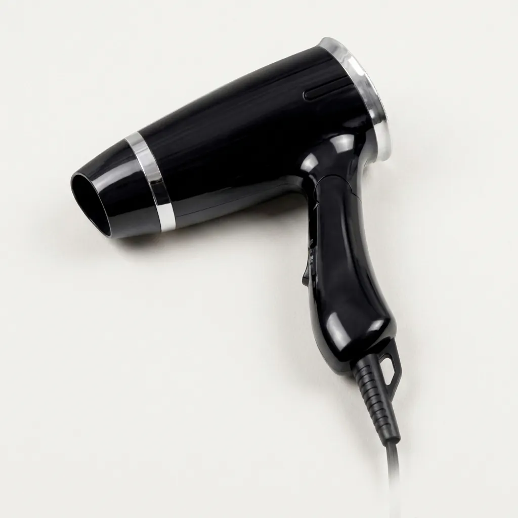 Foldable Hair Dryer 1200W [1034] — HDR-1034 — A foldable 1200W hair dryer with three temperatures including a cool shot and a chrome-finished rear cover. Over-heating protection and a simple on/off button make it reliable for guest use, while the foldable handle saves space. Measures 13x7.4x20cm, available in black or white. CE, CB, GCC and RoHS approved. (image 5)