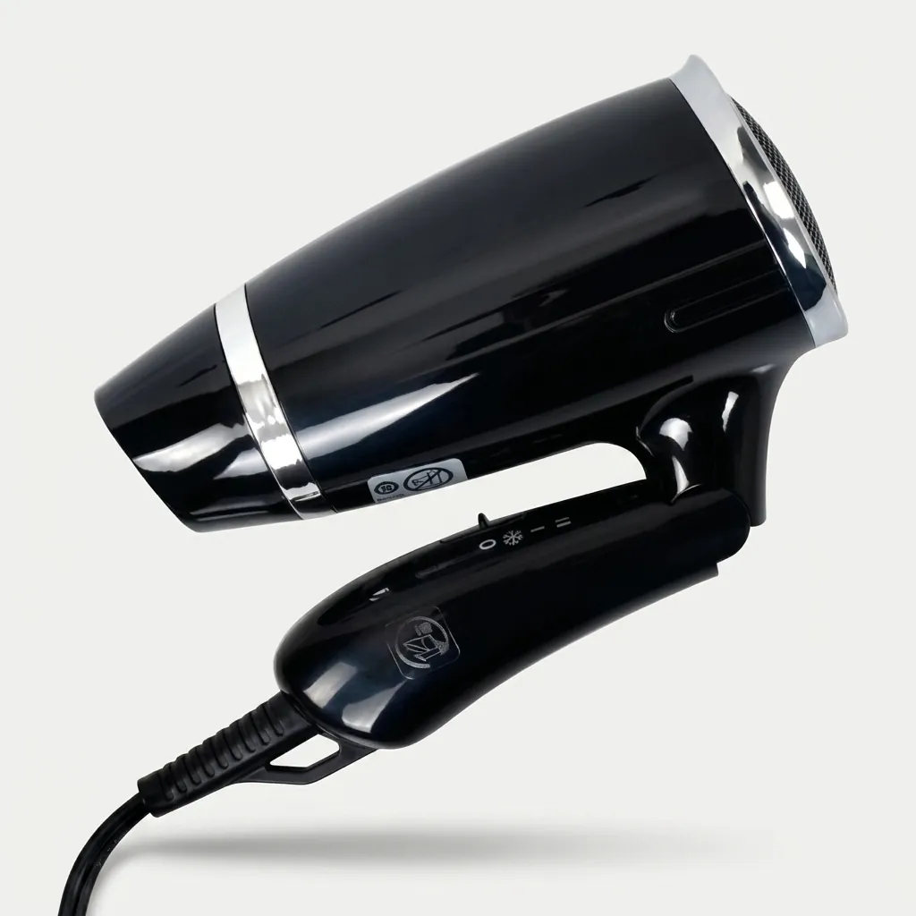 Foldable Hair Dryer 1200W [1034] — HDR-1034 — A foldable 1200W hair dryer with three temperatures including a cool shot and a chrome-finished rear cover. Over-heating protection and a simple on/off button make it reliable for guest use, while the foldable handle saves space. Measures 13x7.4x20cm, available in black or white. CE, CB, GCC and RoHS approved. (image 6)